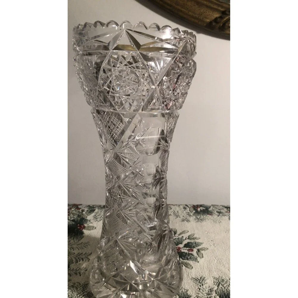 Vtg ABP  Cut Glass Corset Sawtooth Vase 10”